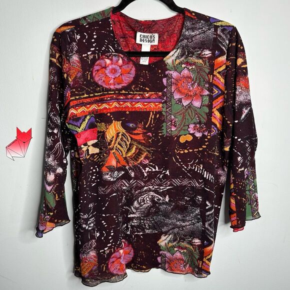 Vintage Y2K Reversible Double Layer Fine Mesh Abstract Print Scoop Neck Top L/XL - Picture 1 of 6